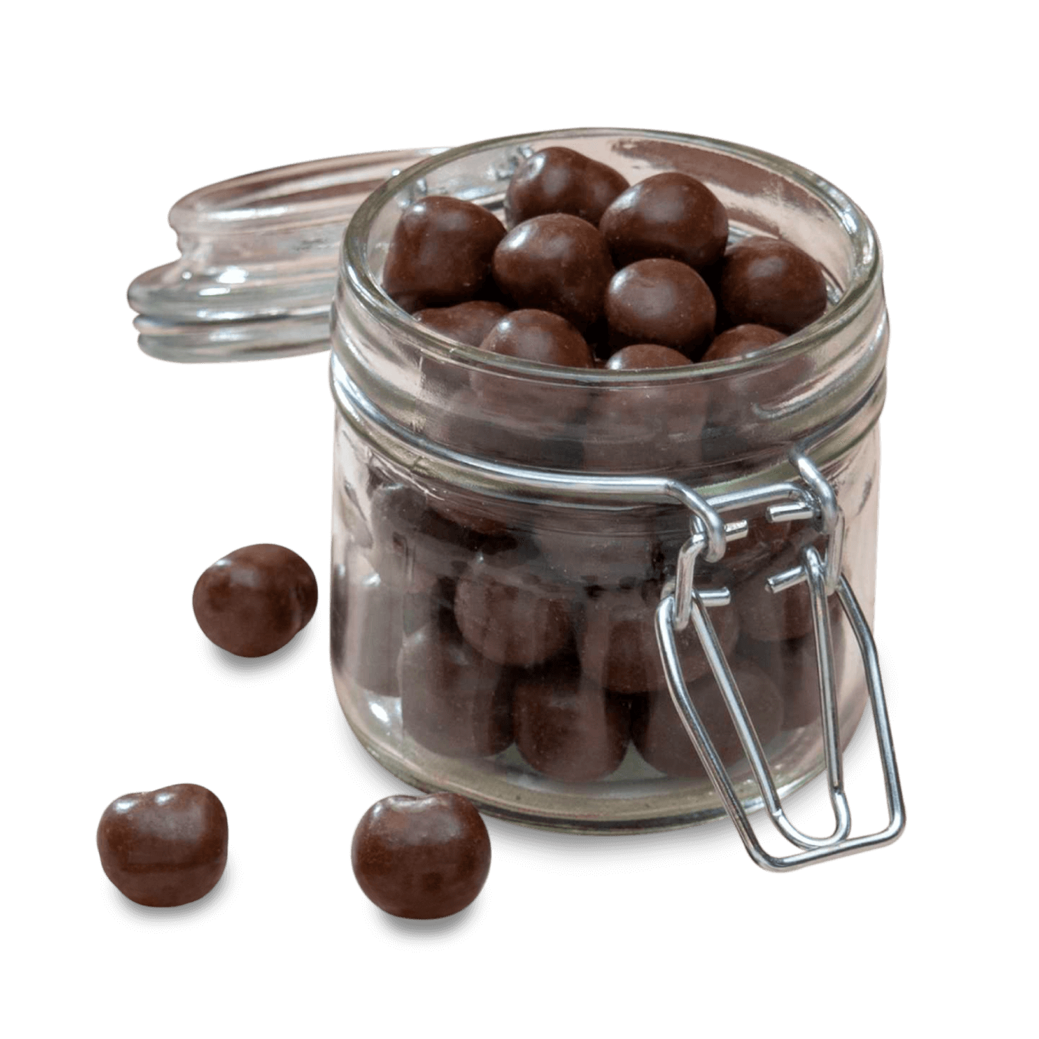 Glass jar filled with chocolate protein puffs, with a few puffs scattered around.